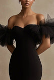 Black Satin Off the Shoulder Ruffled Graduation Dress