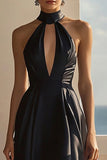 Black Chiffon Halter High-Low Graduation Dress with Keyhole
