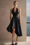 Black Satin Halter Midi Graduation Dress