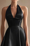 Black Satin Halter Midi Graduation Dress