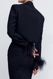 Black 2 Piece Notched Lapel Women Prom Suits with Feather