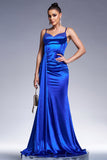 Royal Blue Mermaid Satin Prom Dress with Streamer
