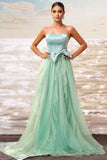 Strapless A Line Green Tulle Prom Dress with Bow