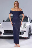 Sparkly Off The Shoulder Mermaid Navy Party Dress