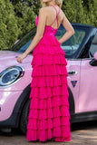 Halter Fuchsia A Line Tiered Party Dress