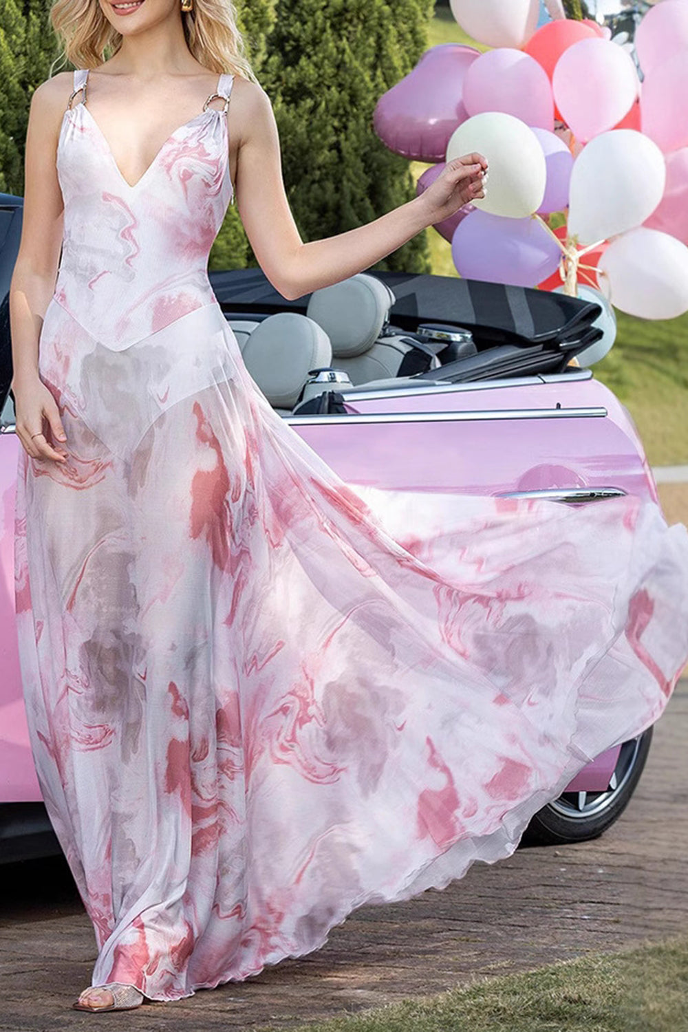 Pink Printed V-Neck A Line Party Dress