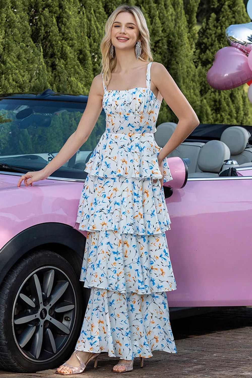 Blue Floral A Line Tiered Party Dress