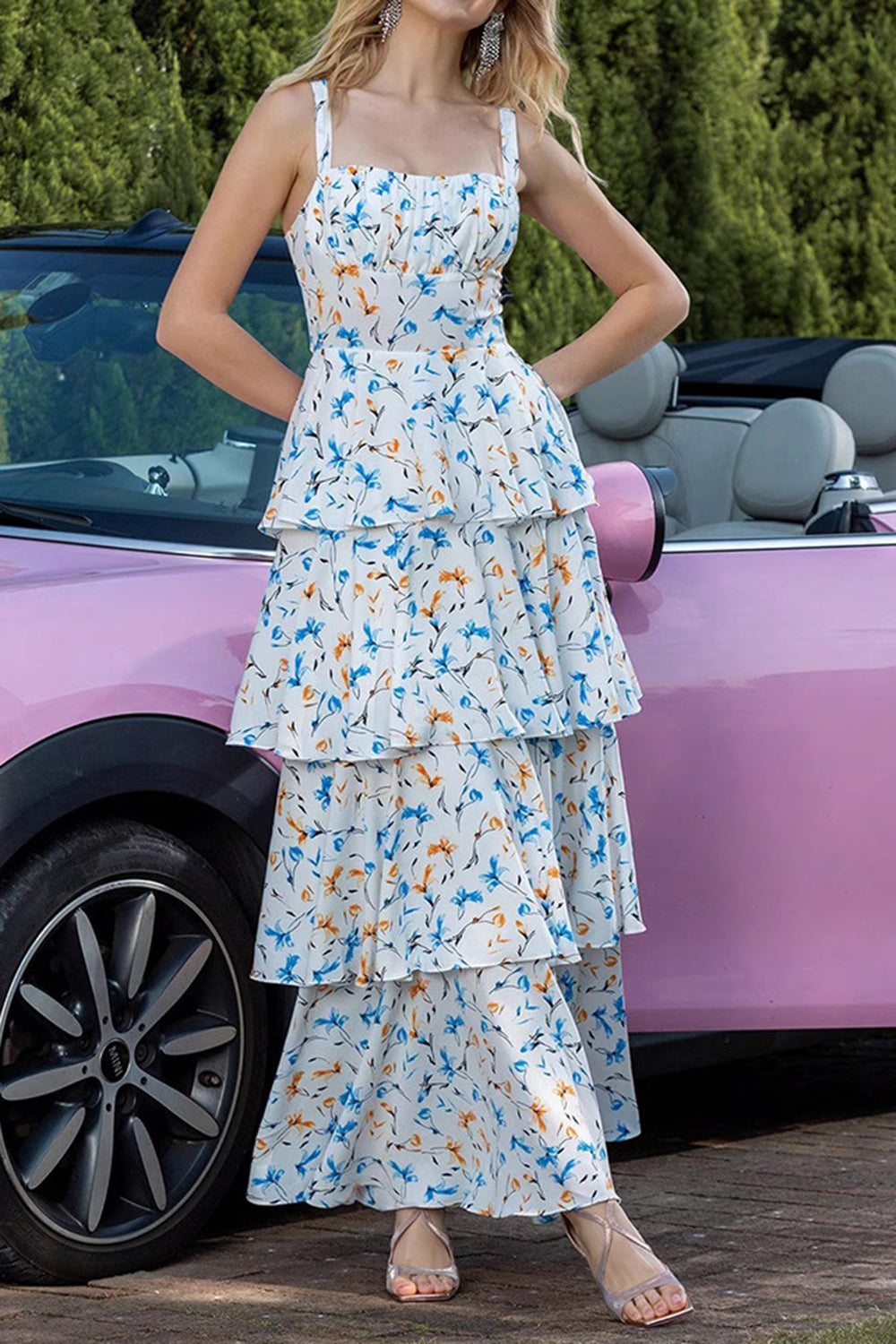 Blue Floral A Line Tiered Party Dress
