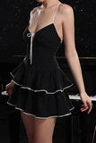 Black Tiered Spaghetti Straps A Line Cocktail Dress