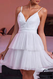 White Spaghetti Straps Tiered A Line Graduation Dress With Appliques