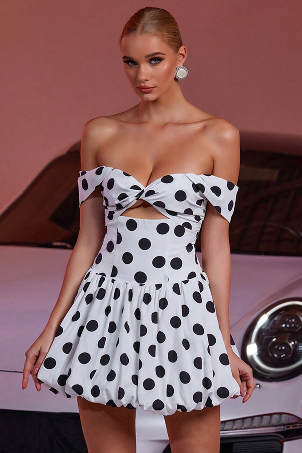 Off The Shoulder White A Line Cocktail Dress with Black Dots