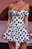 Off The Shoulder White A Line Cocktail Dress with Black Dots