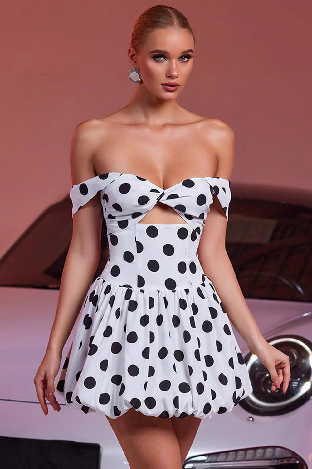 Off The Shoulder White A Line Cocktail Dress with Black Dots