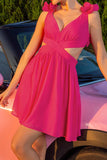 Fuchsia Ruffled V Neck A Line Cocktail Dress