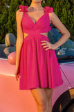 Fuchsia Ruffled V Neck A Line Cocktail Dress
