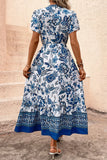 White and Blue Floral A Line Summer Dress with Short Sleeves