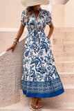 White and Blue Floral A Line Summer Dress with Short Sleeves