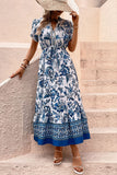 White and Blue Floral A Line Summer Dress with Short Sleeves