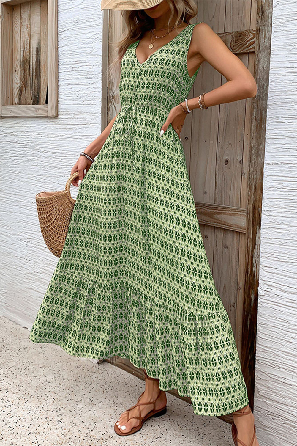 Green Floral V-Neck A Line Summer Dress