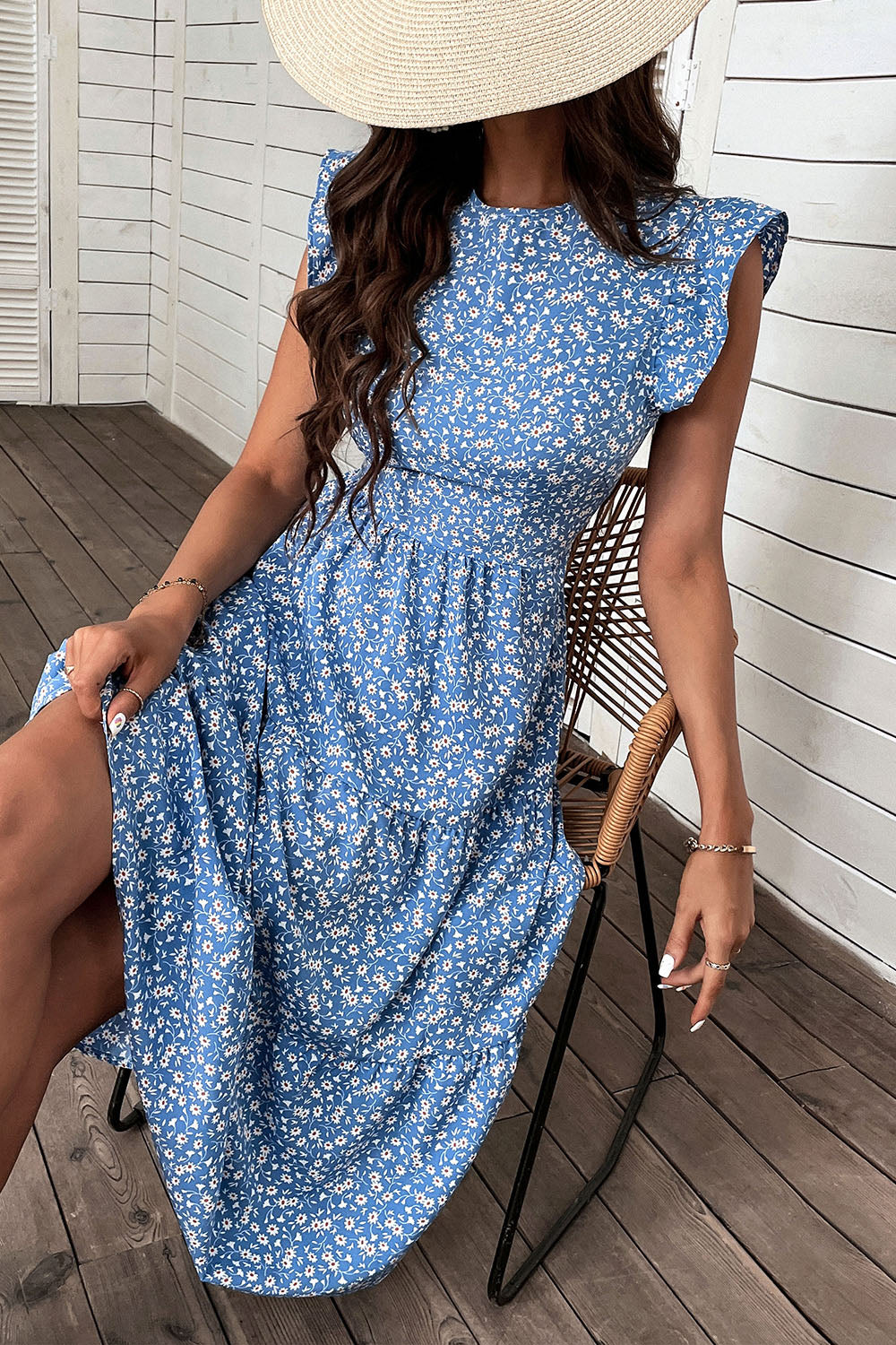 Blue Floral A Line Printed Round Neck Summer Dress