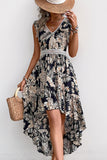Black Printed A Line Ruffled Summer Dress