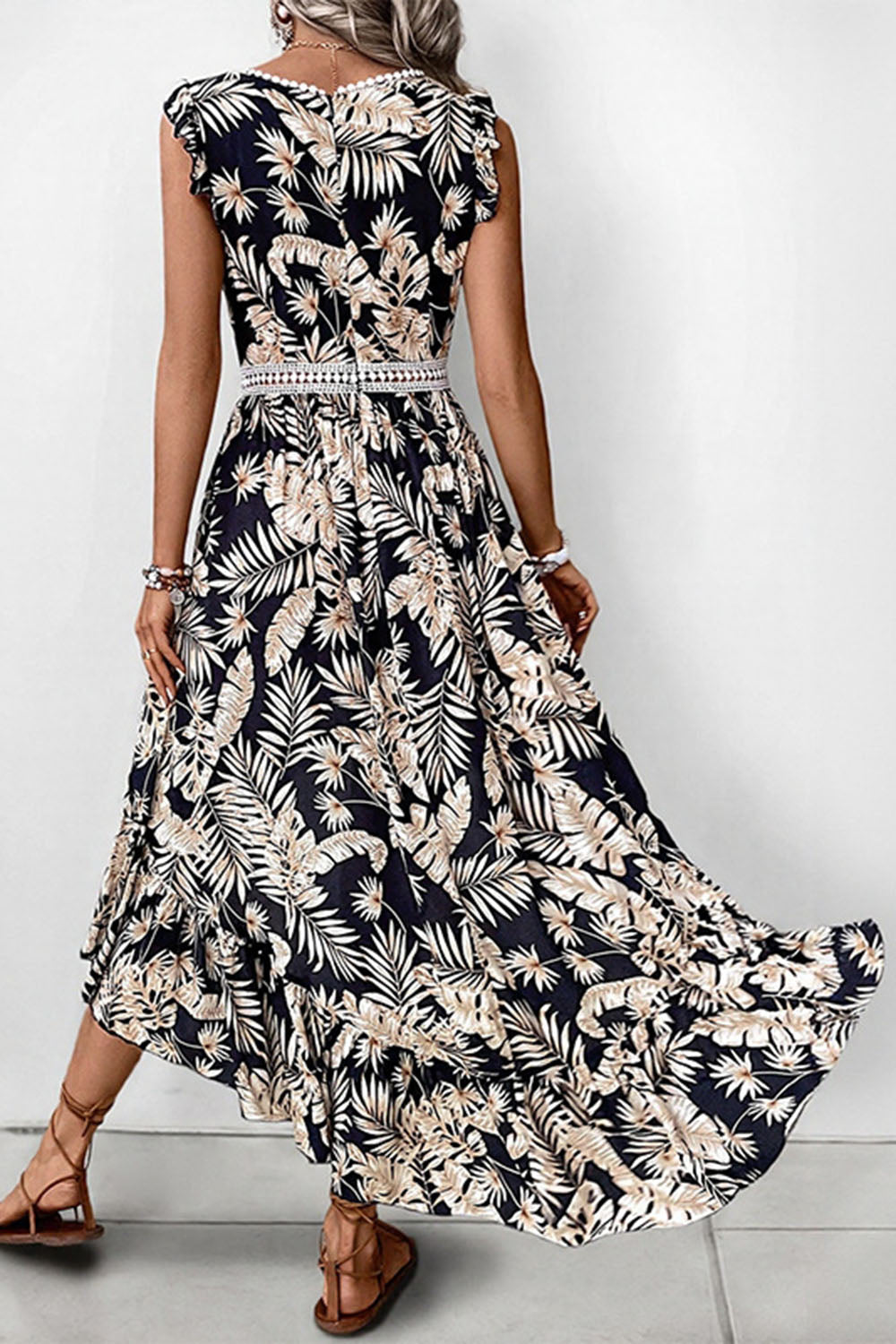 Black Printed A Line Ruffled Summer Dress