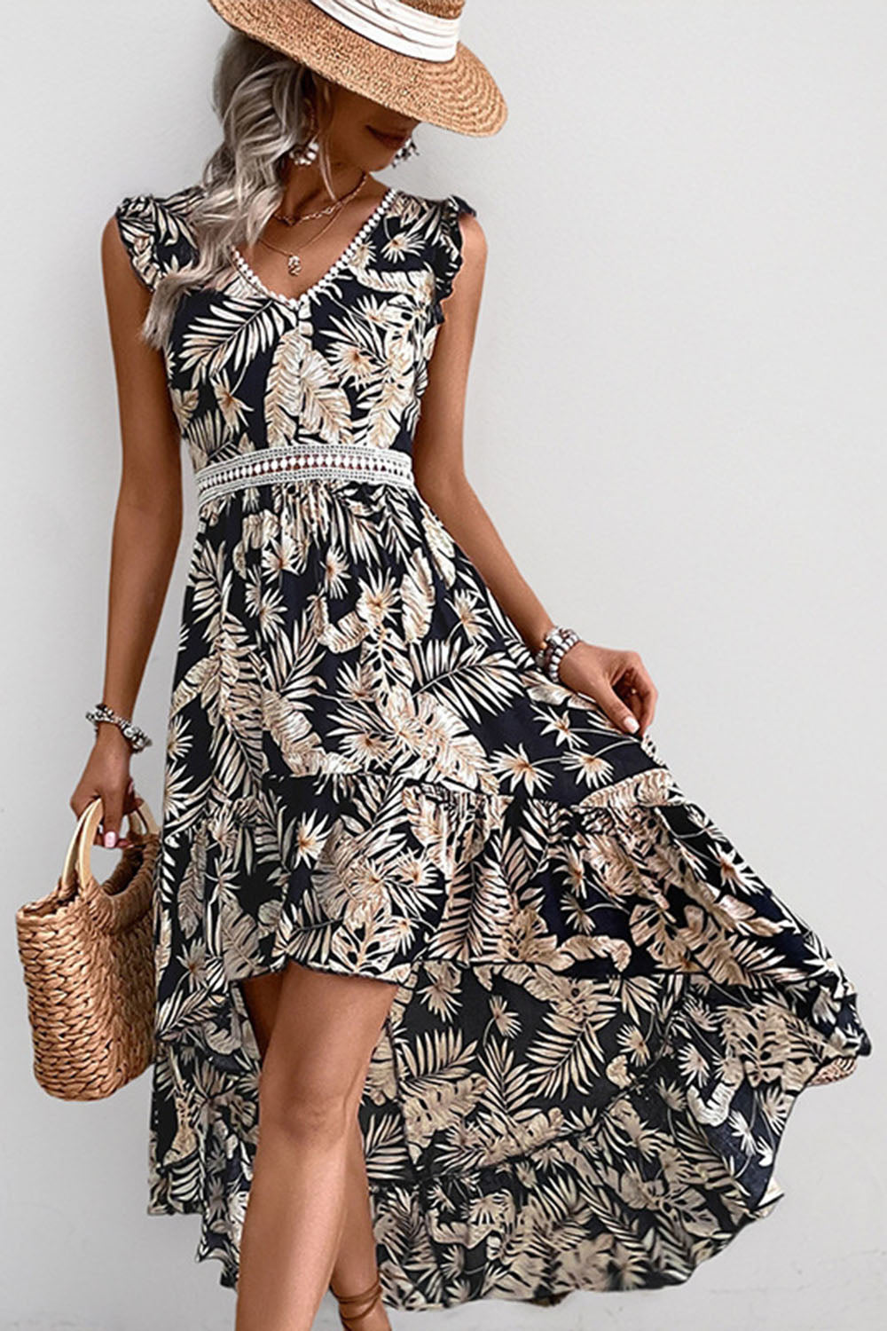 Black Printed A Line Ruffled Summer Dress