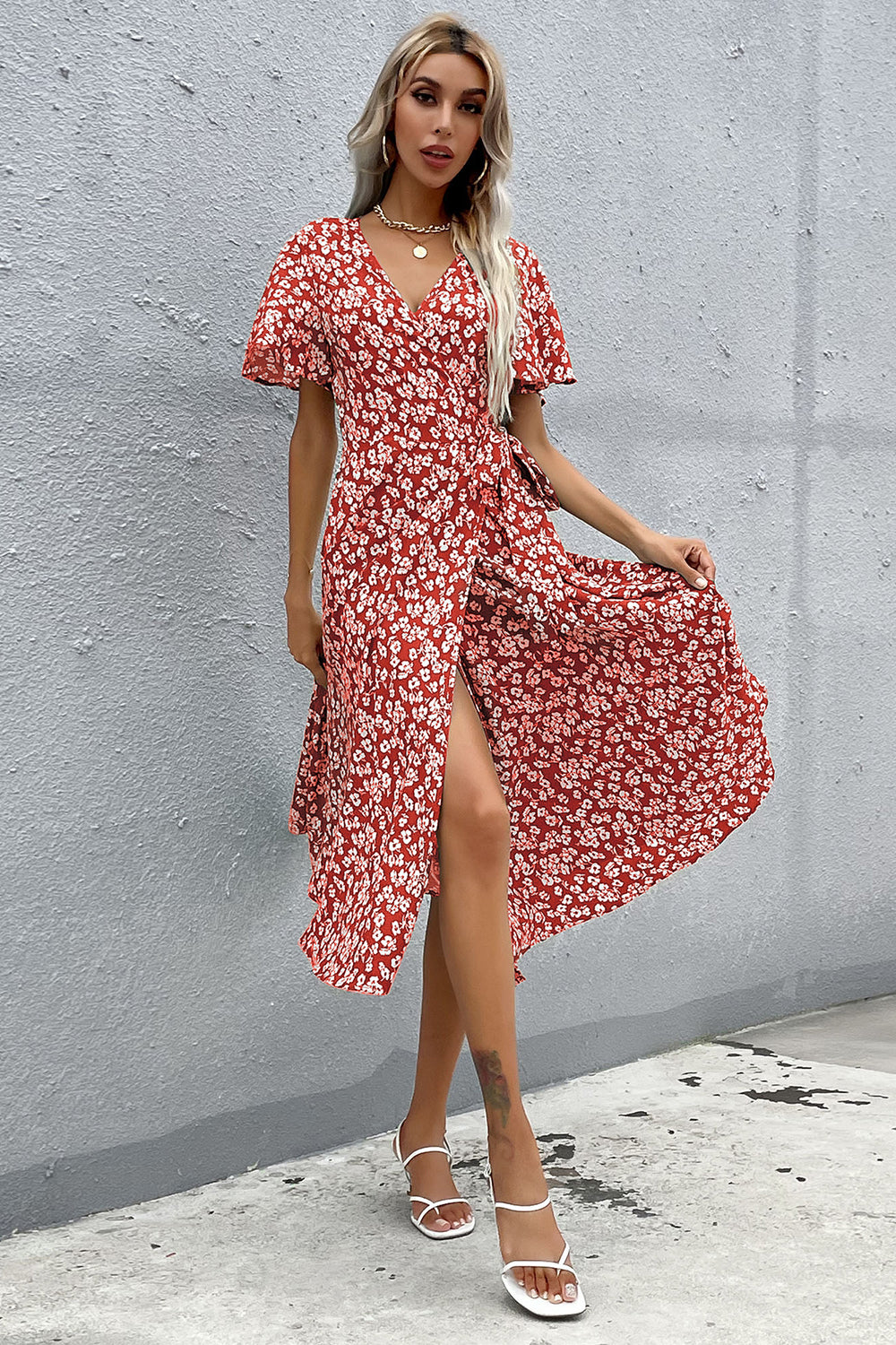 Floral V Neck Red Summer Daress