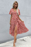 Floral V Neck Red Summer Daress