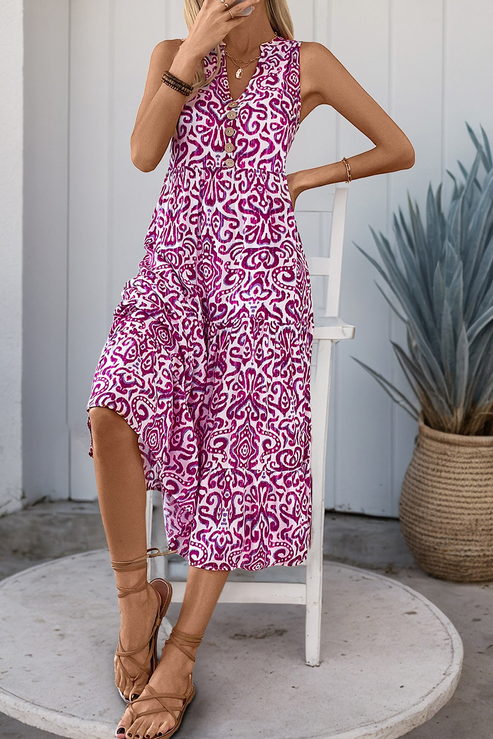 Printed Orange V Neck A Line Summer Dress