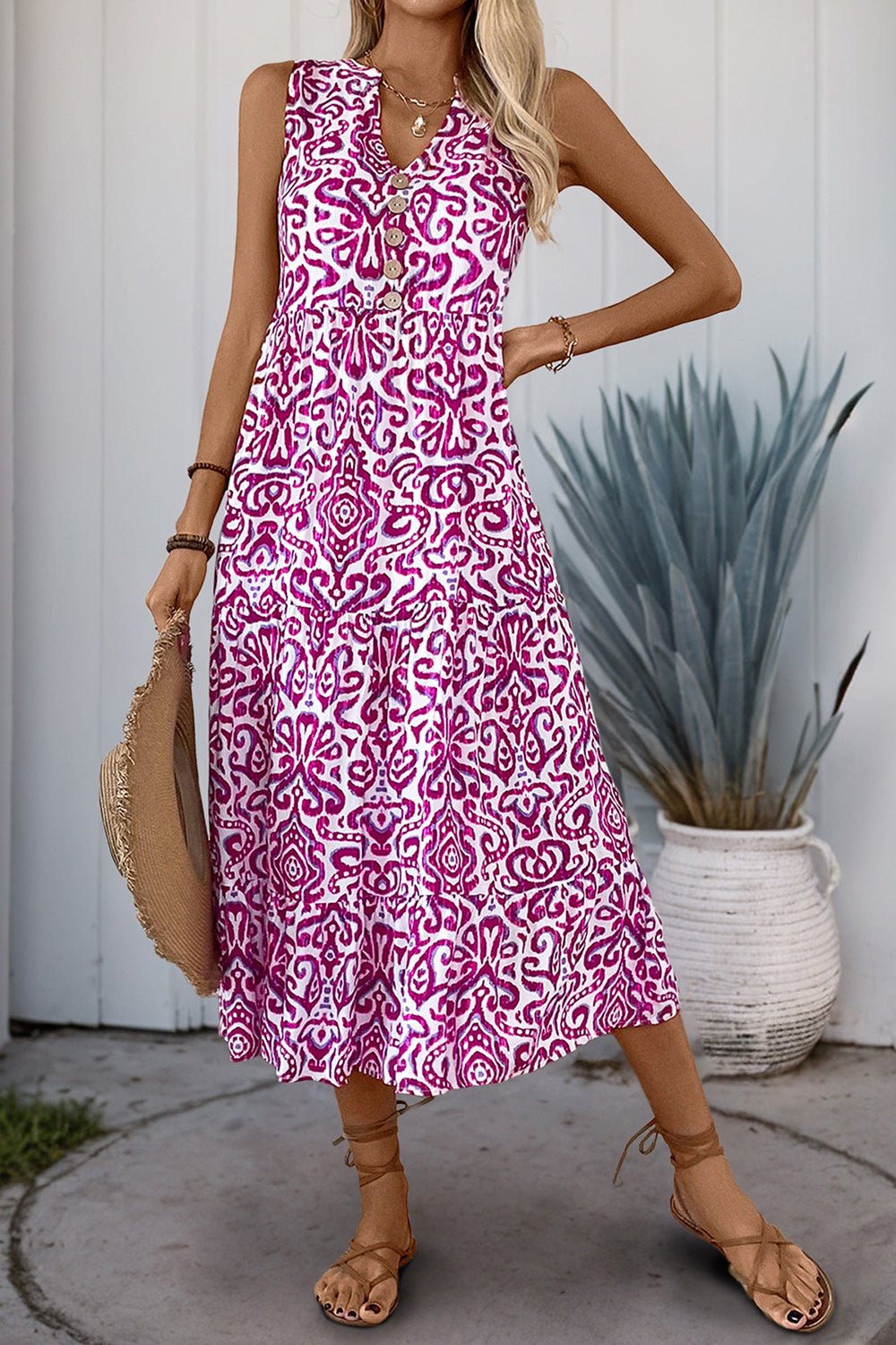 Printed Orange V Neck A Line Summer Dress