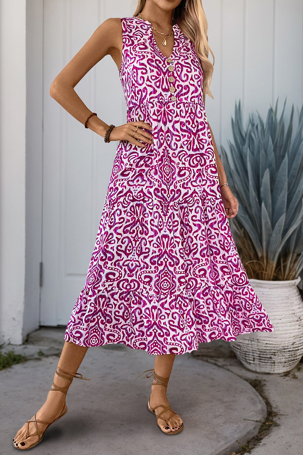 Printed Orange V Neck A Line Summer Dress