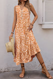 Printed Orange V Neck A Line Summer Dress