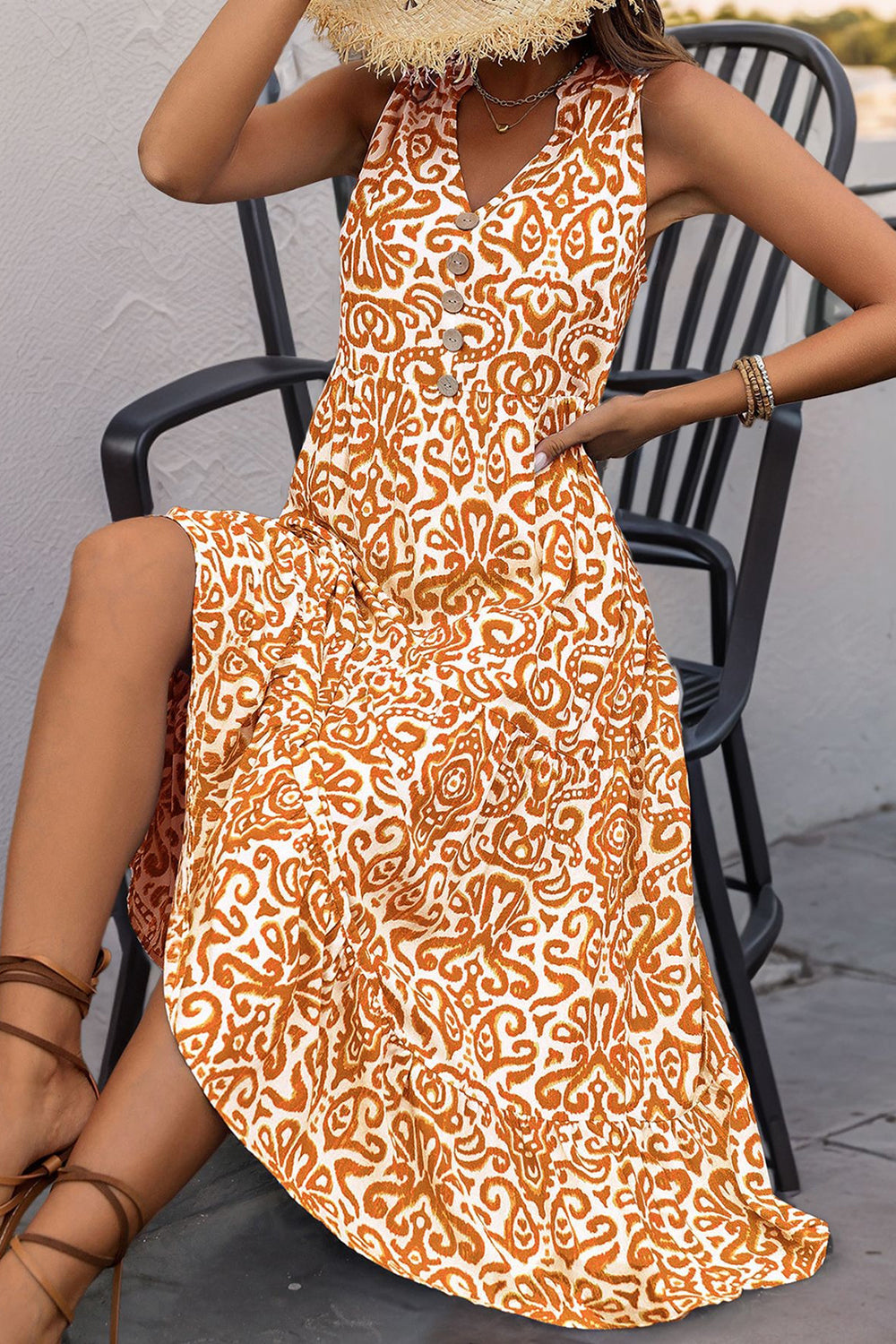 Printed Orange V Neck A Line Summer Dress