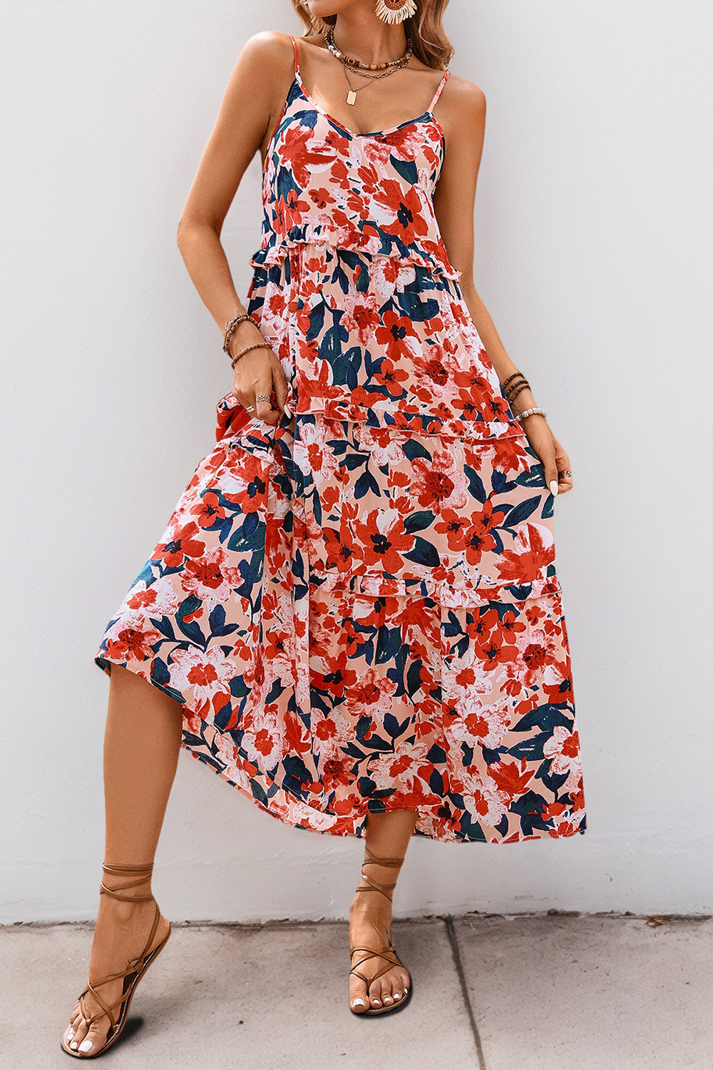 Red Floral Spaghetti Straps A Line Summer Dress