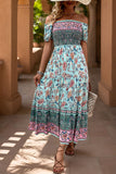 Off the Shoulder A Line Green Printed Summer Dress
