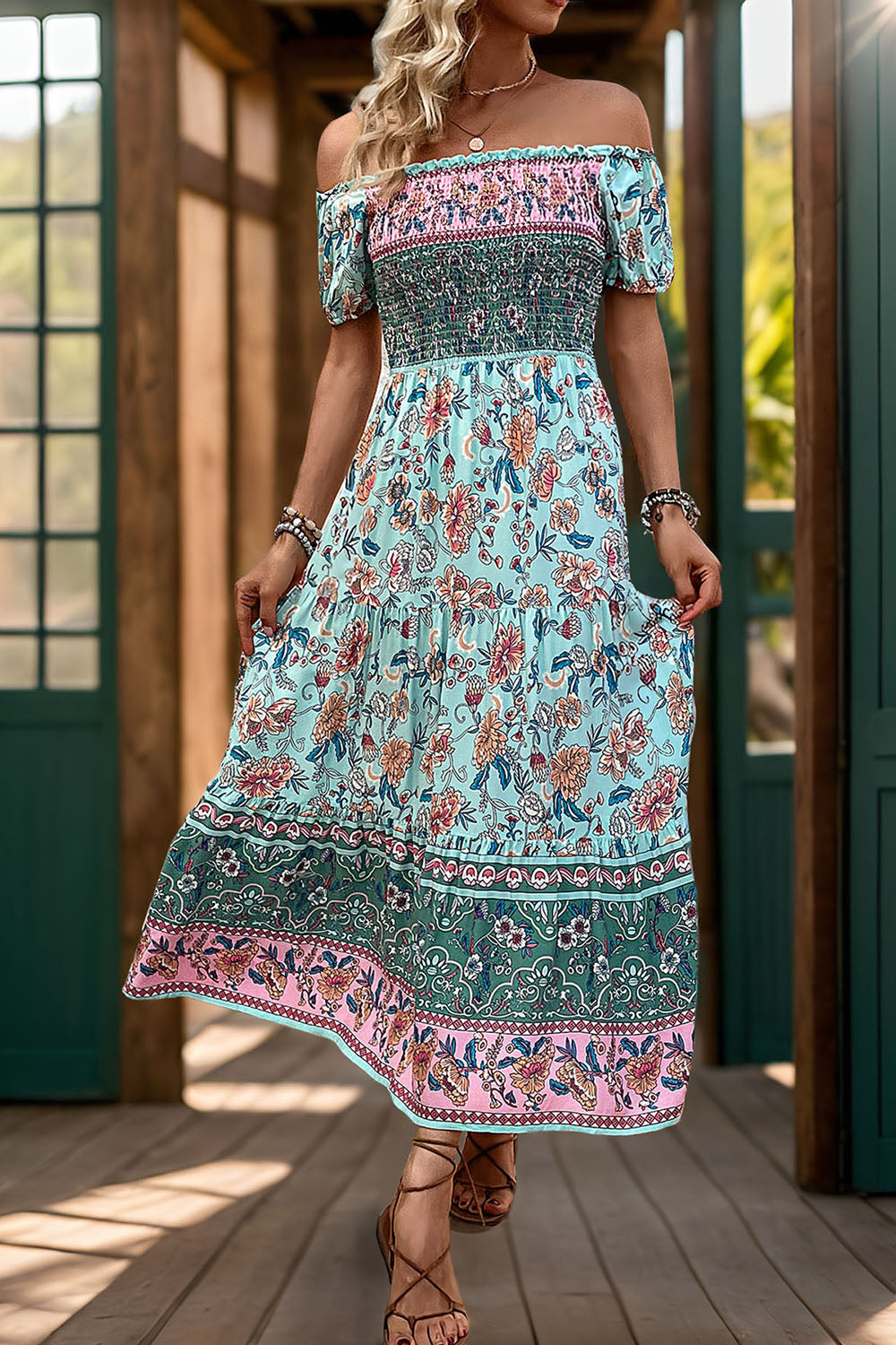 Off the Shoulder A Line Green Printed Summer Dress