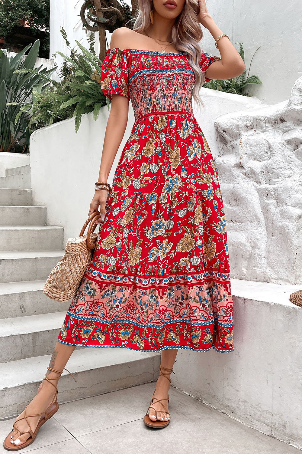 Off the Shoulder A Line Green Printed Summer Dress