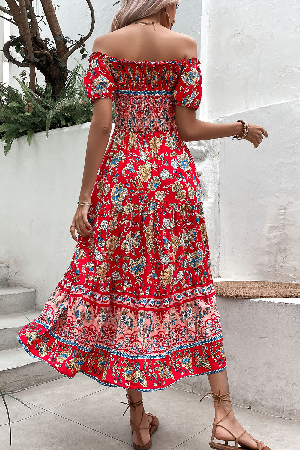 Off the Shoulder A Line Green Printed Summer Dress