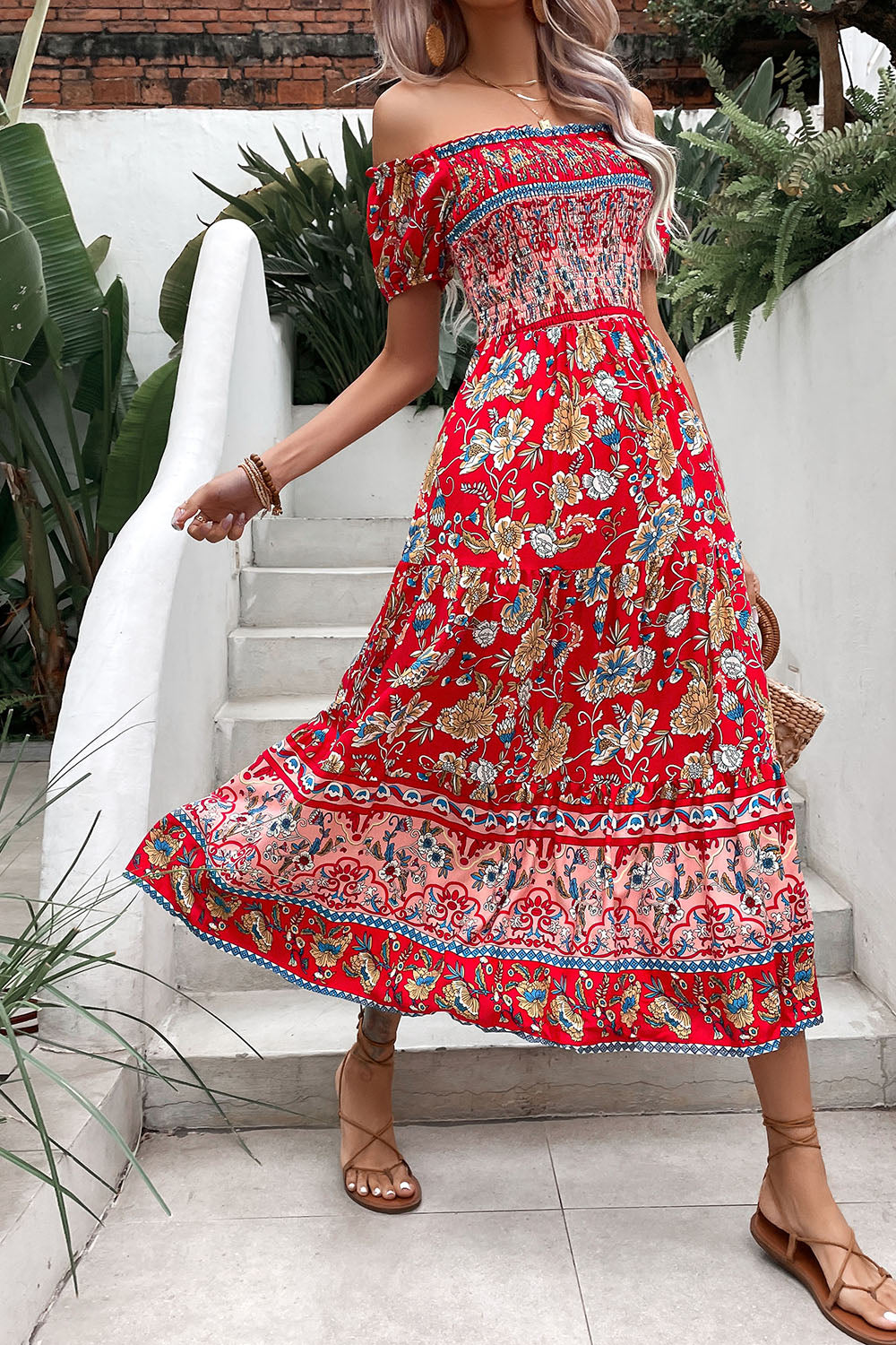 Off the Shoulder A Line Green Printed Summer Dress