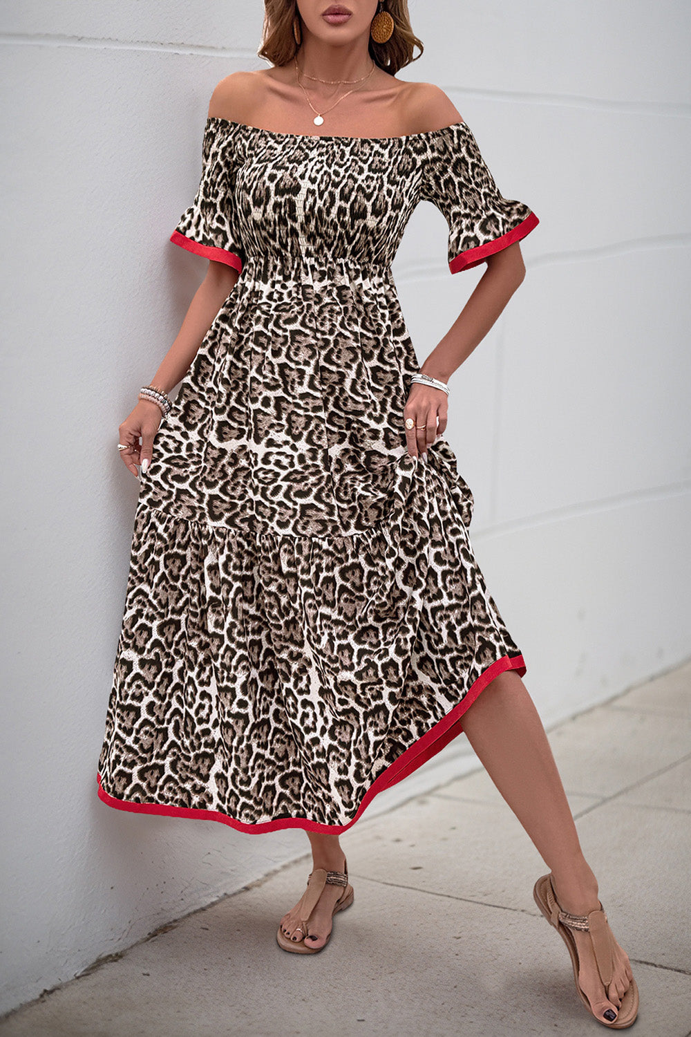 Brown Leopard Off the Shoulder A Line Summer Dress