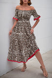 Brown Leopard Off the Shoulder A Line Summer Dress