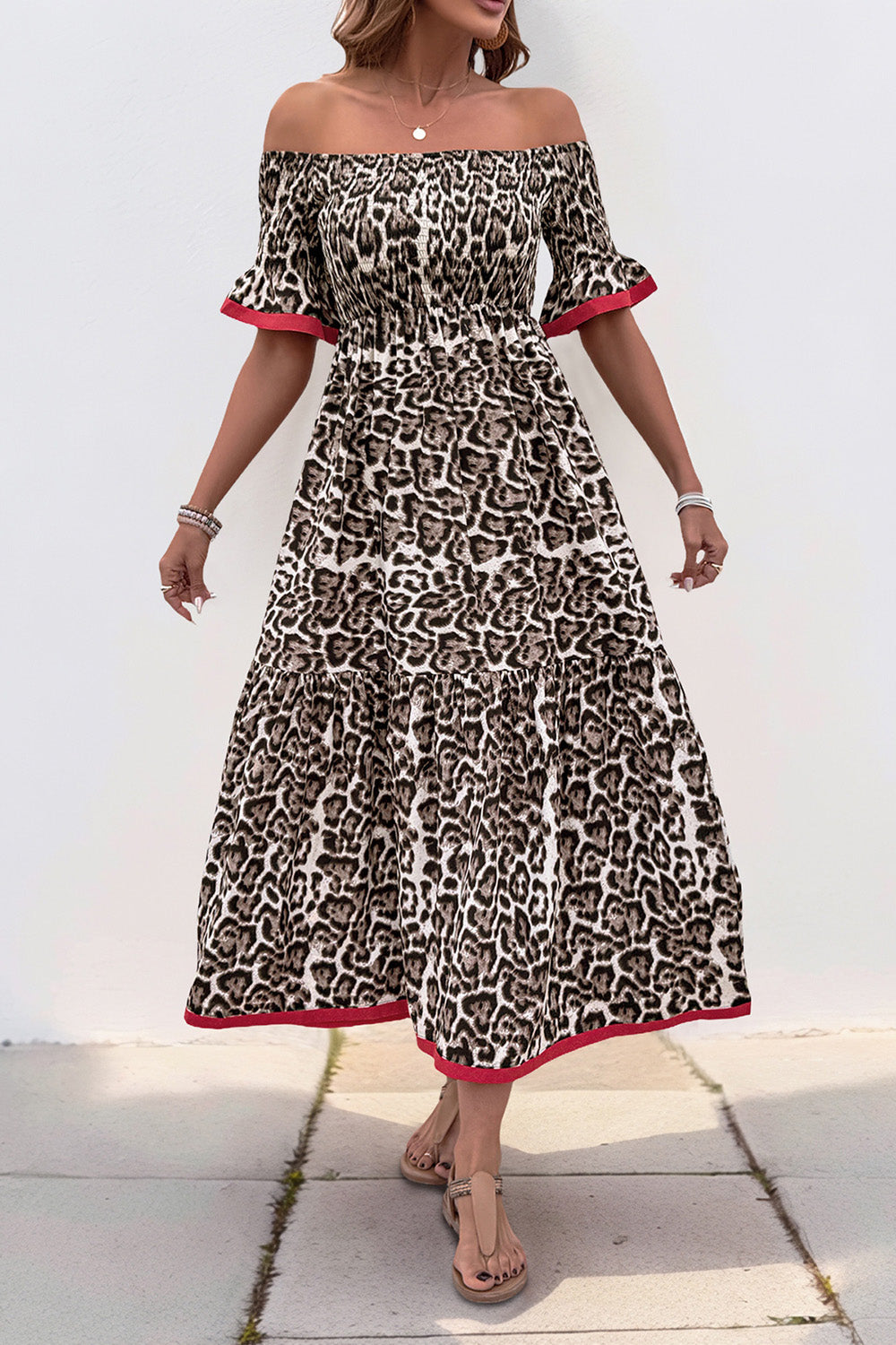 Brown Leopard Off the Shoulder A Line Summer Dress