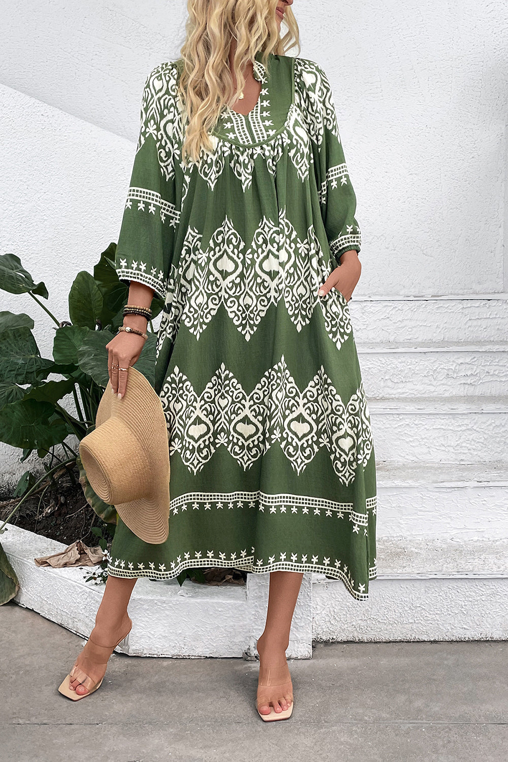 Casual Green A Line Printed Boho Summer Dress