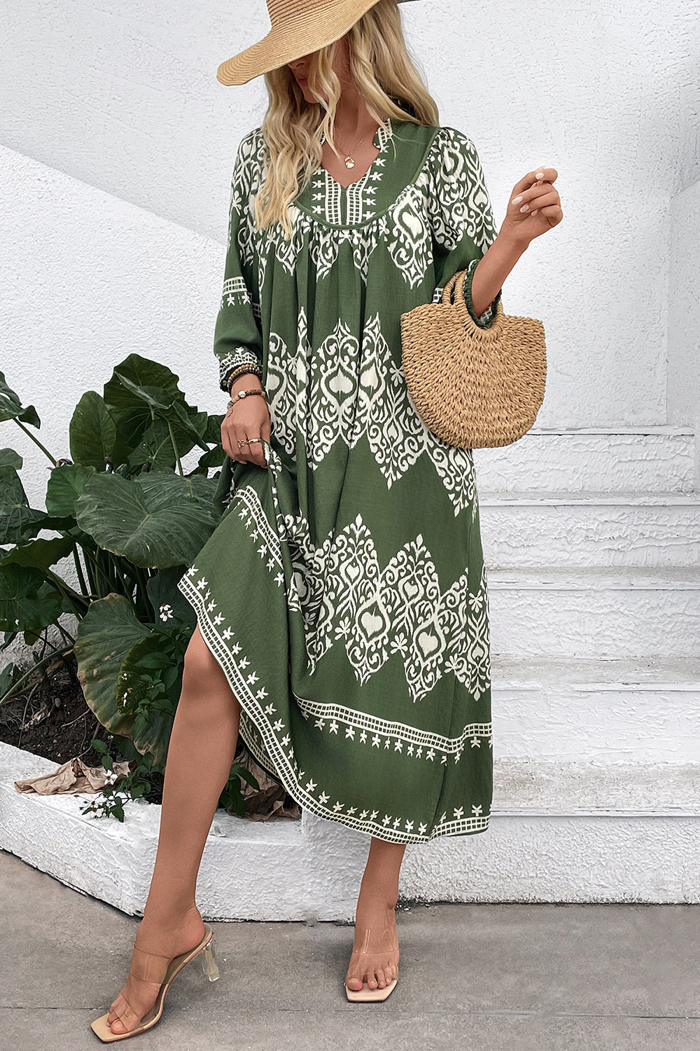 Casual Green A Line Printed Boho Summer Dress