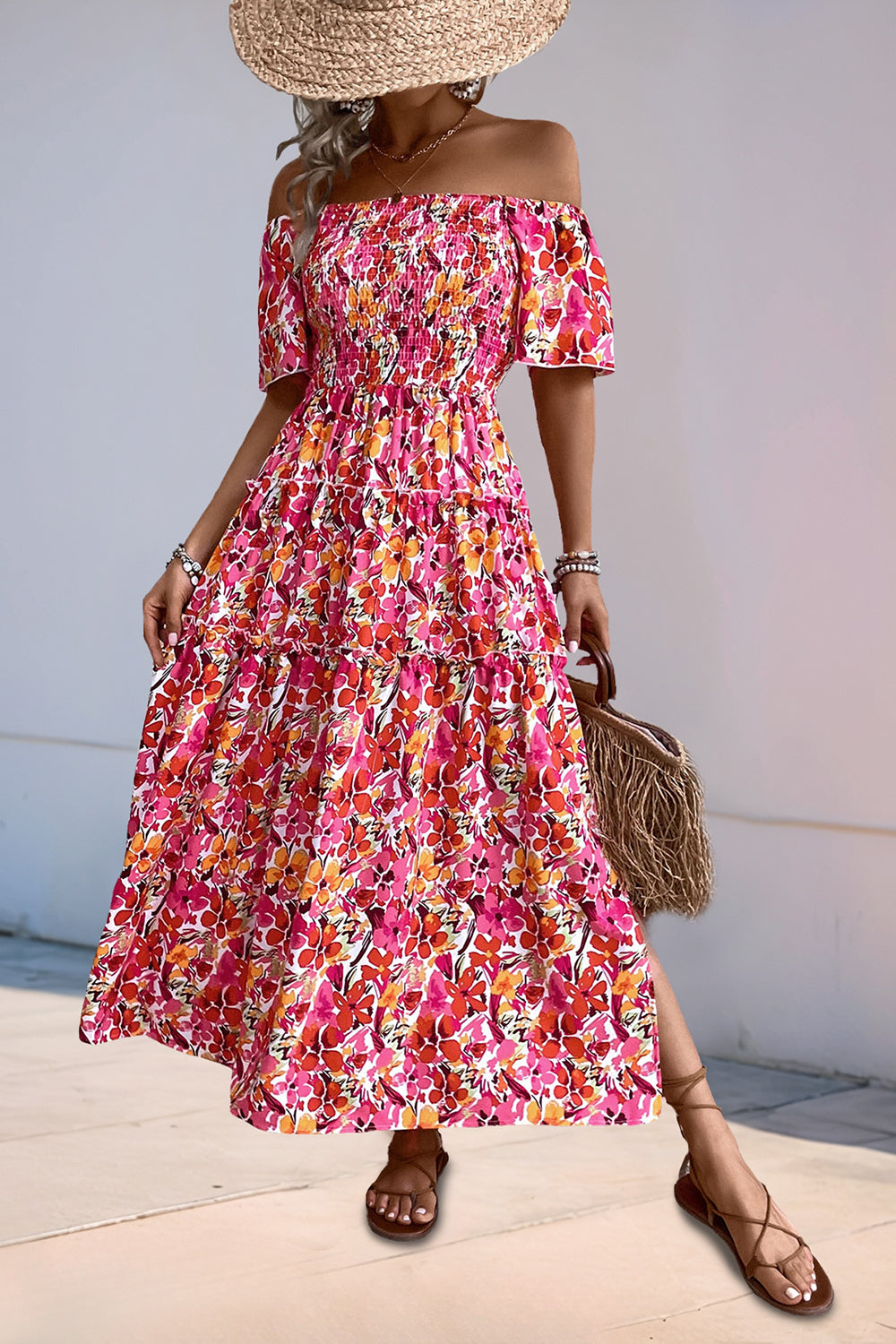 Fuchsia Floral Off the Shoulder A Line Summer Dress