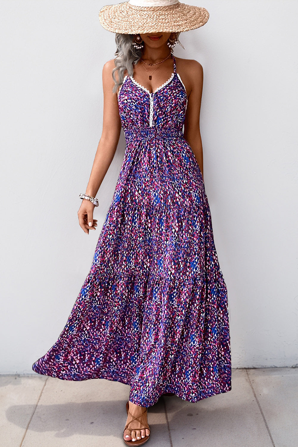 Dark Purple Halter A Line Printed Summer Dress