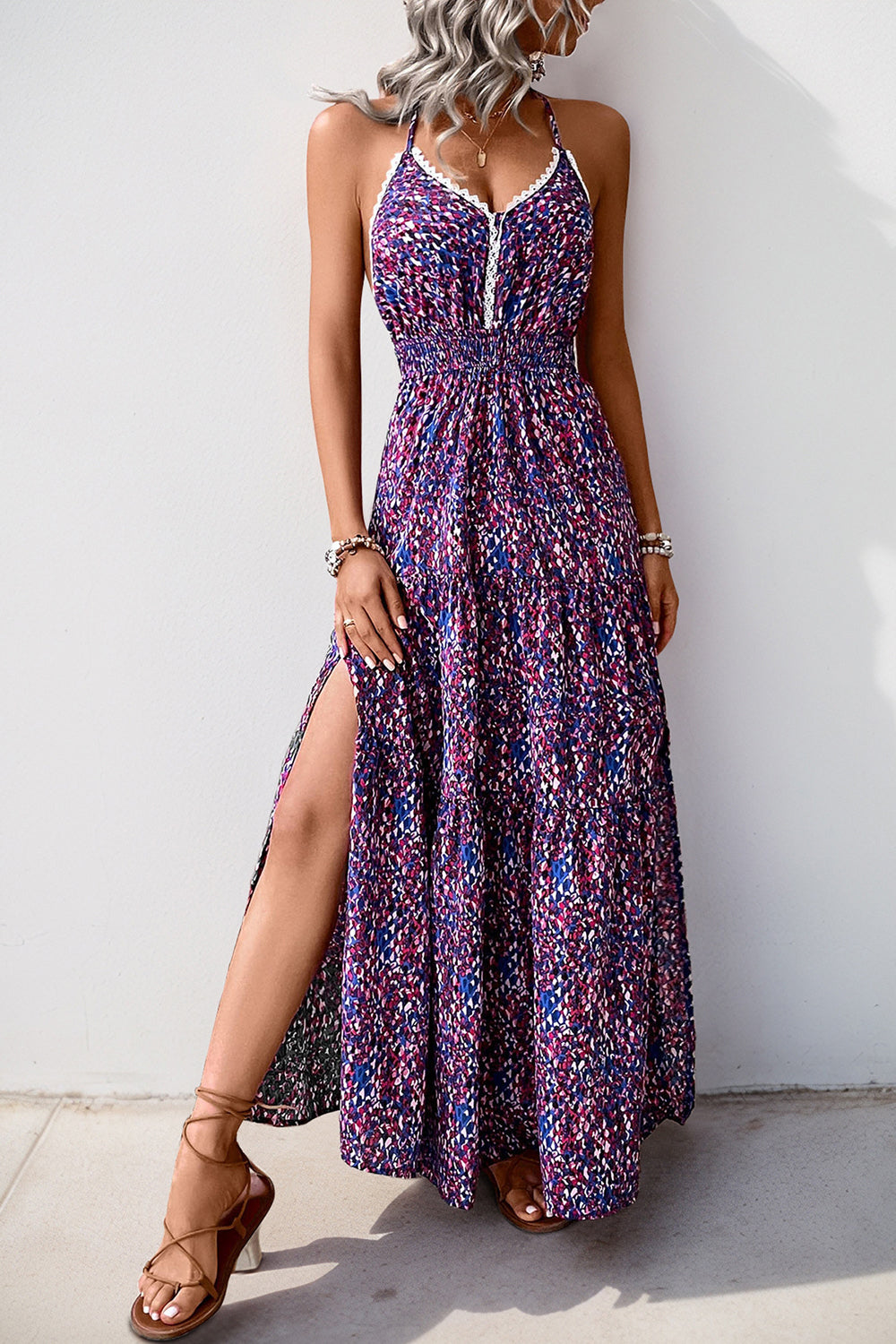 Dark Purple Halter A Line Printed Summer Dress