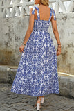 Blue Printed A Line Summer Dress with Slit