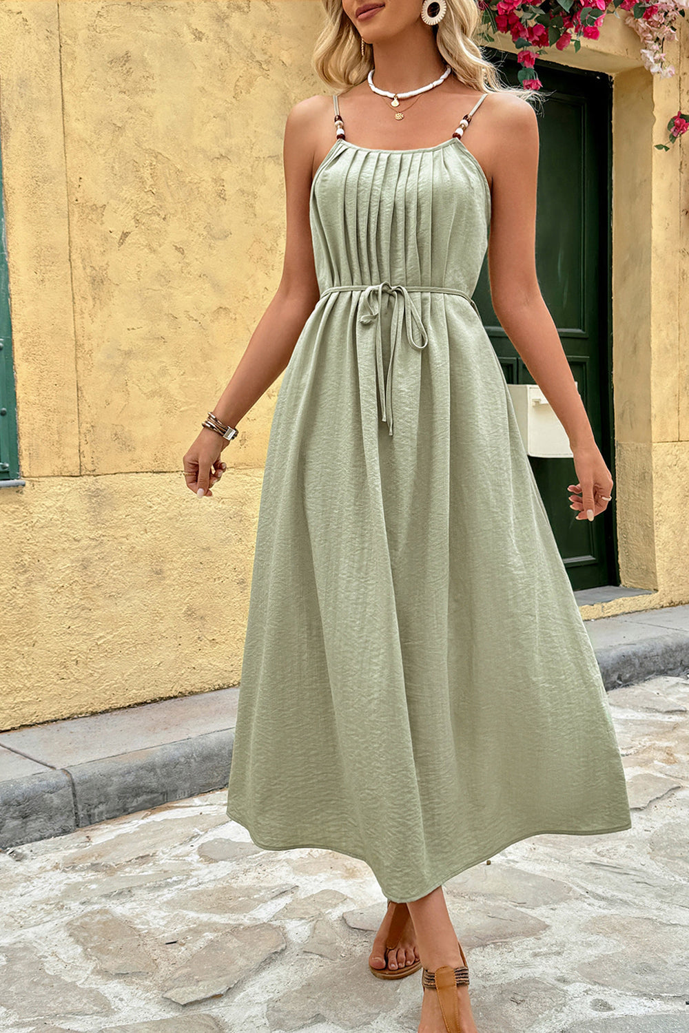 Green Spaghetti Straps A Line Pleated Summer Dress